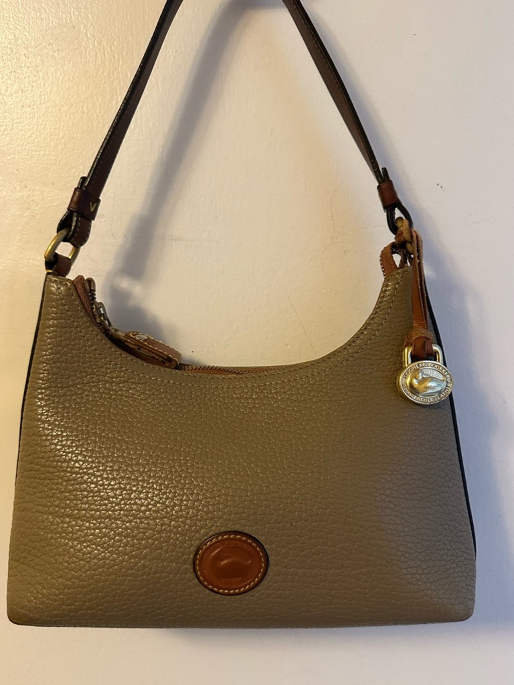 Dooney & Bourke Taupe Pebbled Leather Shoulder Bag with Brown Trim